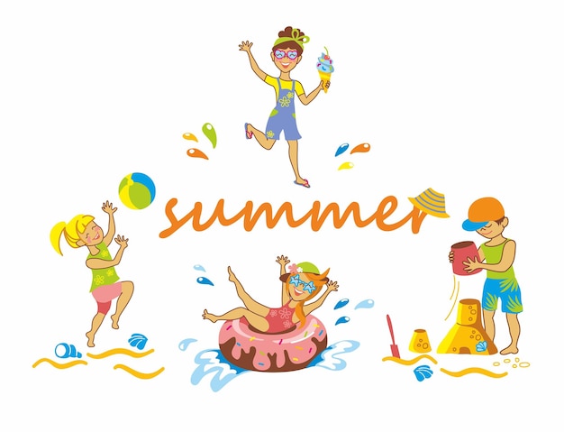 Summer vacation  kids beach party sea family holiday vector set