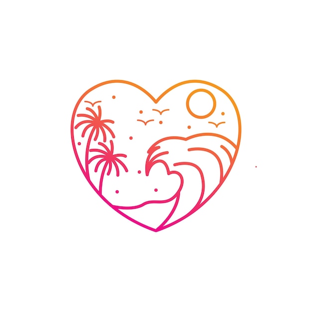 Summer vacation logo on the beach with waves and coconut trees isolated in love shape vector illustration design