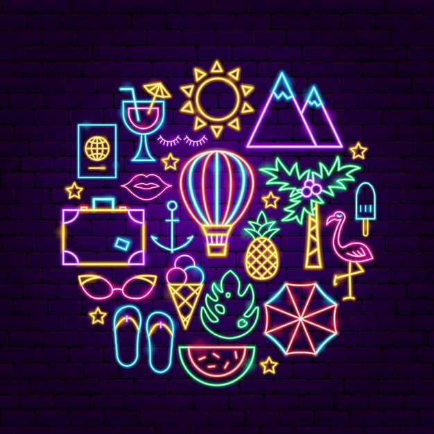 Summer Vacation Neon Concept. Vector Illustration of Travel Promotion.