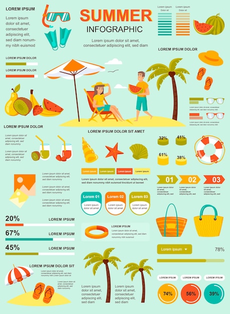 Summer vacation poster with infographic elements template in flat style