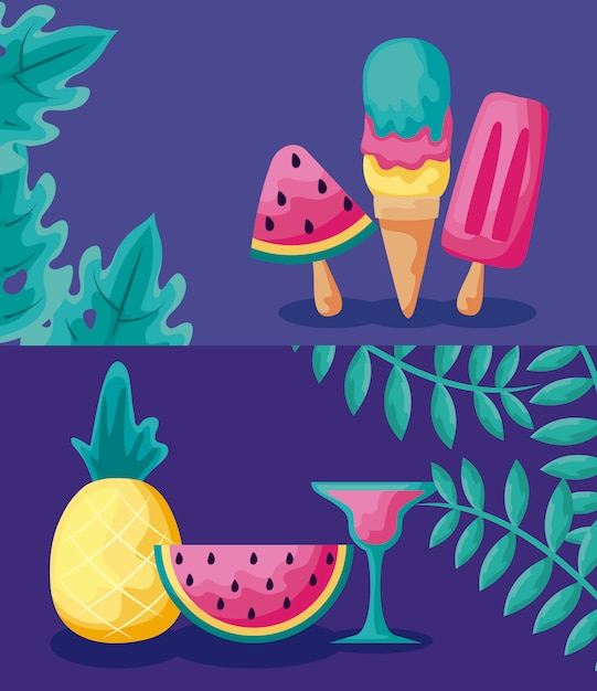 Summer vacation poster with pineapple and set icons