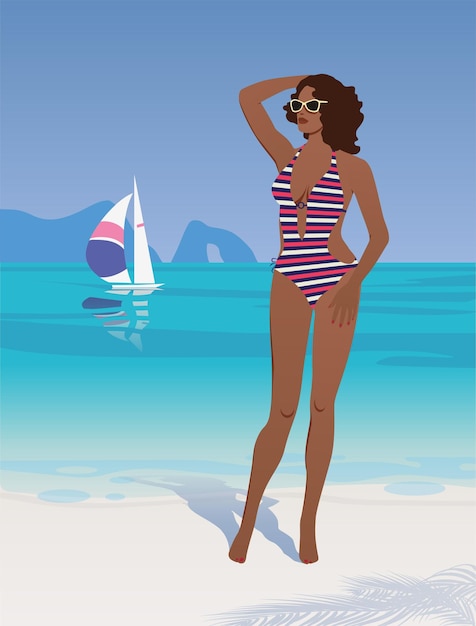 Summer vacation at sea a girl in a striped swimsuit Vector