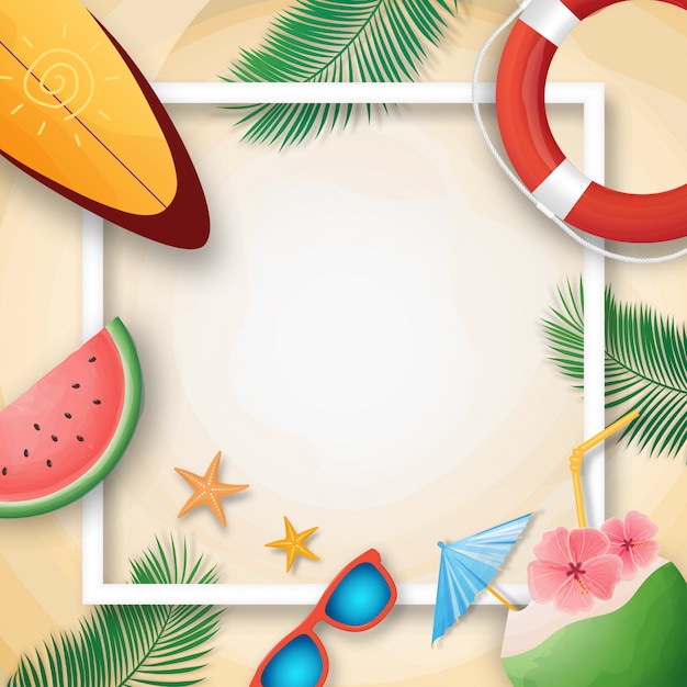 Summer vacation template with beach summer accessories.