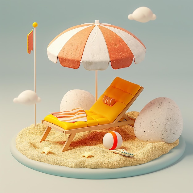 Summer vacation vector illustration Beach scene with umbrella and beach chair flat cartoon style