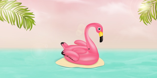 Vector summer vector banner design concept with pink flamingo pool float, tropical palm leaves and ocean. summer vacation holiday, traveling, tropical beach and sea.