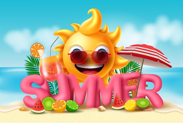 Summer vector banner design Summer in pink 3d text with smiling sun and tropical fruits like water