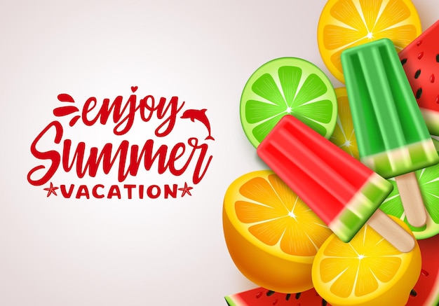 Summer vector banner design Summer vacation text with tropical fruits