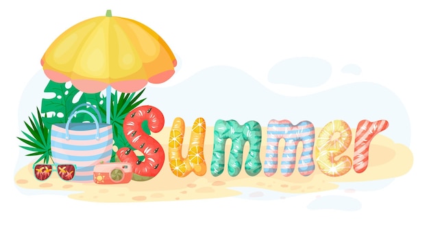 Summer vector banner design with colorful beach elements isolated on white background Inflated air letters Vector illustration