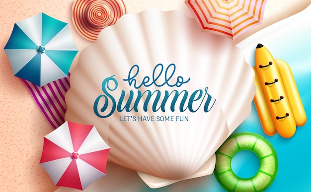 Summer vector concept design Hello summer greeting text in seashell with umbrella and floater