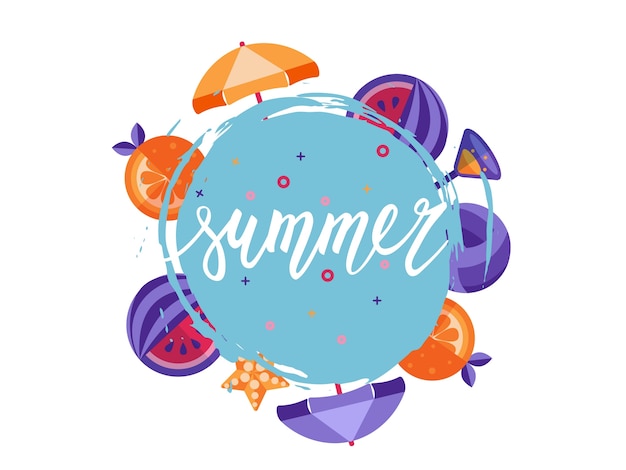 Summer vector hand lettering with vignette of orange and watermelon.