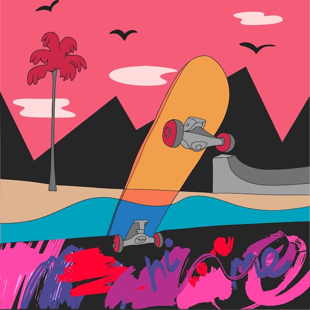 Summer vector illustration landscape skateboard on the beach curb graffiti