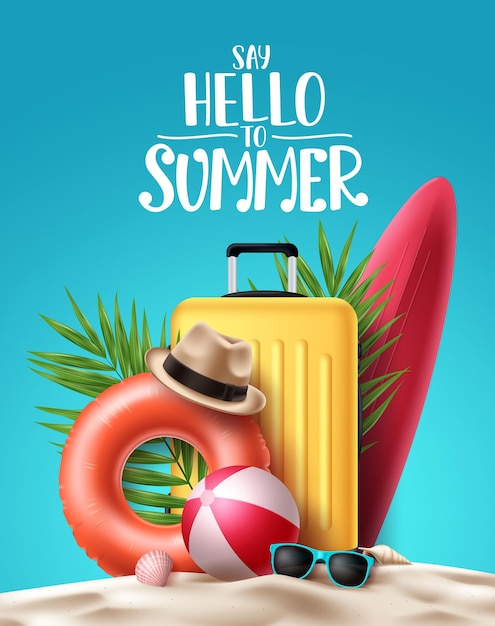 Summer vector poster background design Hello summer greeting text with beach elements like luggage