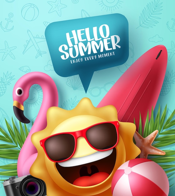 Summer vector poster design Hello summer greeting text in speech bubble with sun emoji character