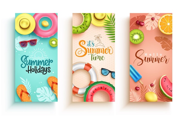 Summer vector poster set design Summer greeting text collection with floaters hat and fruits