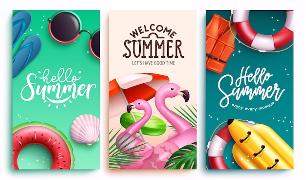 Summer vector poster set design Summer season text with outdoor tropical season elements for sunny