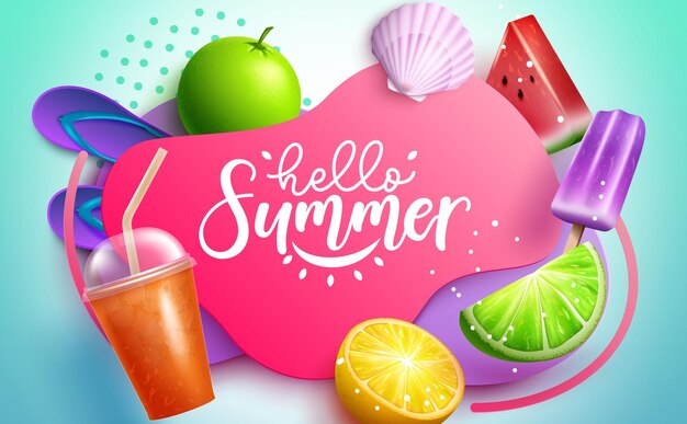 Vector summer vector template design hello summer typography text in abstract space with fruit slice