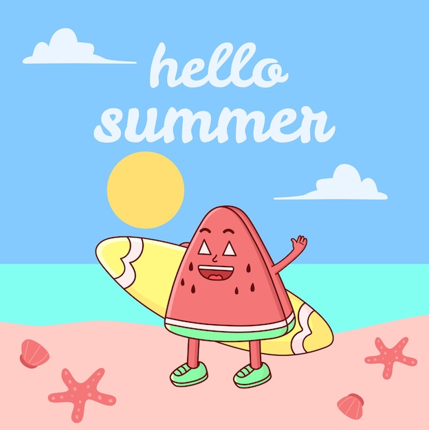 summer vector watermelon character carrying a surfboard on the beach poster