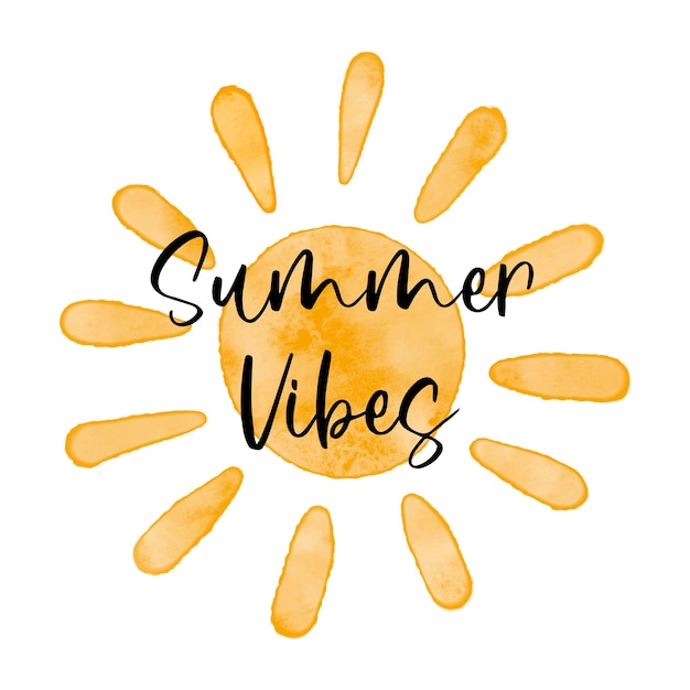 Summer Vibes Black ink calligraphy lettering Watercolor textured simple vector sun icon Vector