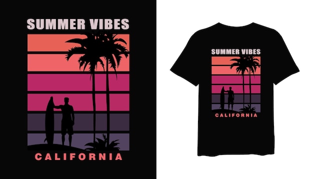 Summer vibes California with palm silhouette vector illustration t shirt mockup design