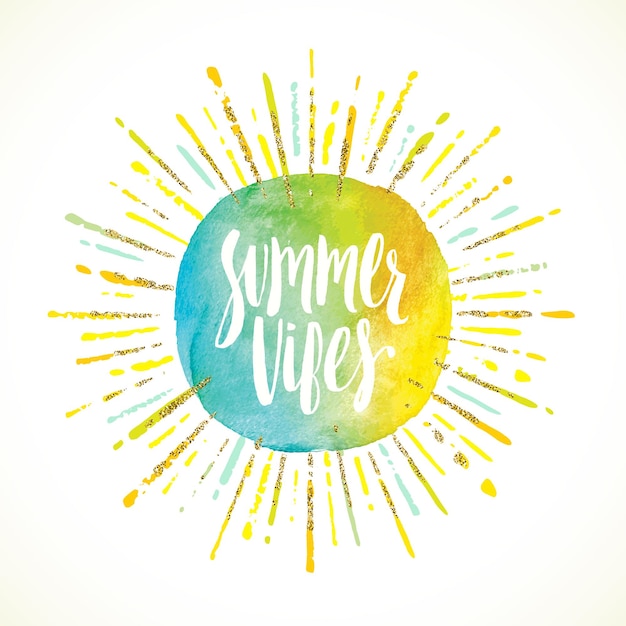 Vector summer vibes holidays greeting card with watercolor sun