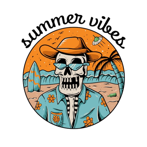 summer vibes skeleton illustration. Skull wearing hawaiian shirt