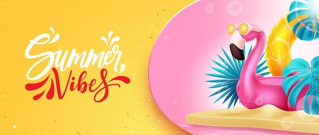 Summer vibes vector design. Summer vibes text in empty space with flamingo element in island.