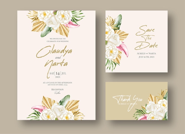 Summer watercolor floral wedding invitation template set