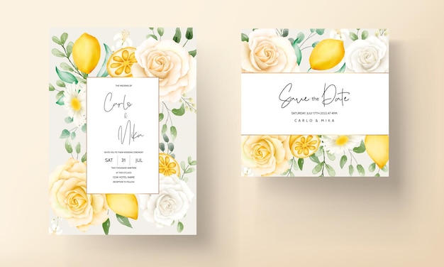 Summer watercolor floral with botanical lemon fruit wedding card set