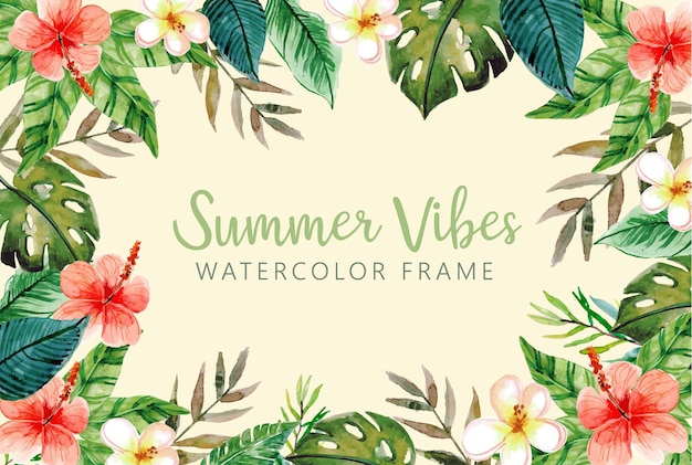 Summer Watercolor Frame with Tropical Leaves and Monstera