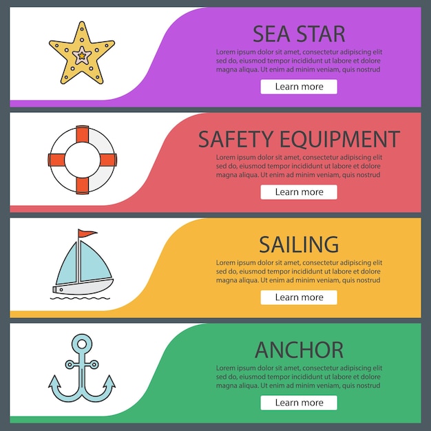 Summer web banner templates set. Seastar, lifering, sailboat, anchor. Website color menu items. Vector headers design concepts