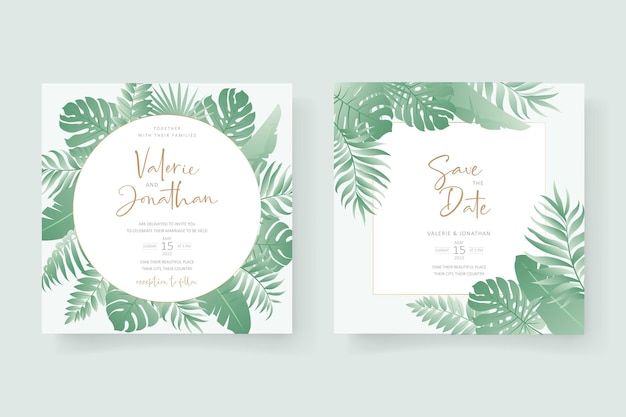 Summer wedding card design with tropical leaf ornament