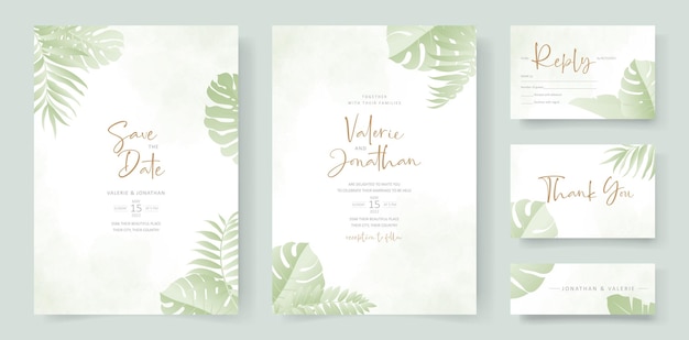 Summer wedding card design with tropical leaf ornament