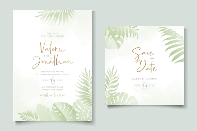 Summer wedding card design with tropical leaf ornament