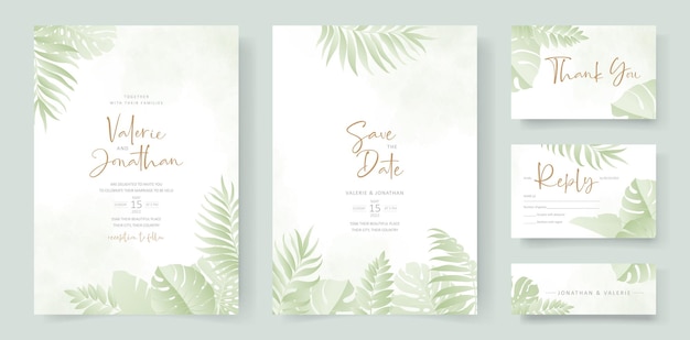 Summer wedding card design with tropical leaf ornament