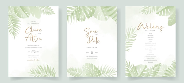 Summer wedding card design with tropical leaf ornament