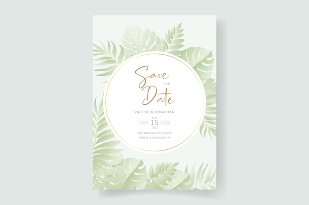 Summer wedding card design with tropical leaf ornament