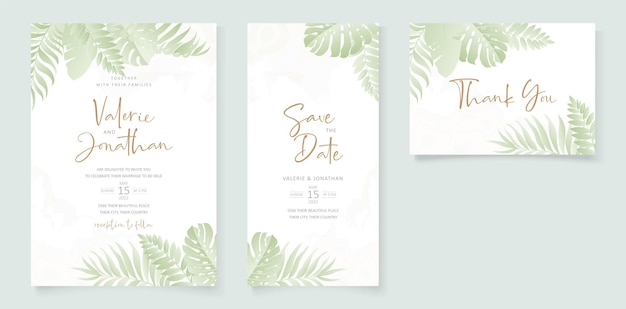 Summer wedding card design with tropical leaf ornament