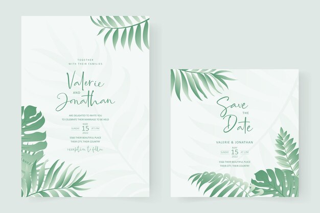 Summer wedding card design with tropical leaf theme