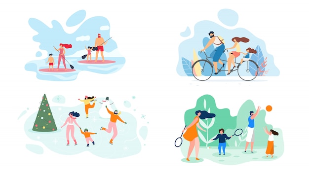 Summer Weekend on River Whole Family Vector Flat