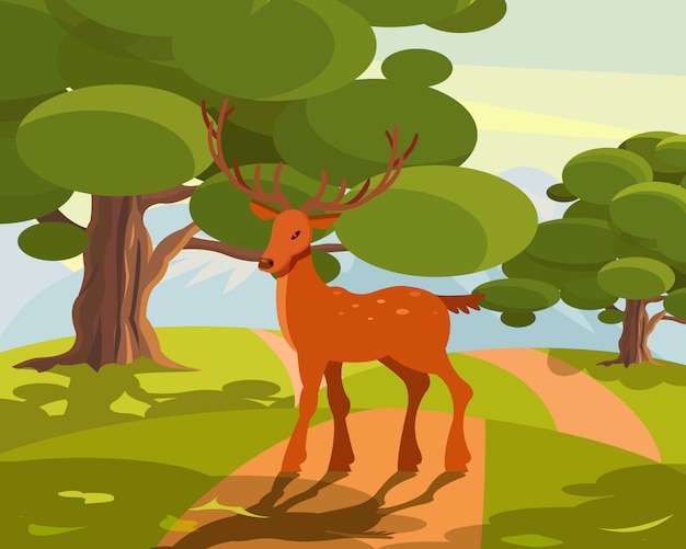 Summer wildlife landscape, deer with large branched horns on green forest background   Illustration