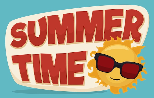 Summertime banner with cool sun wearing sunglasses