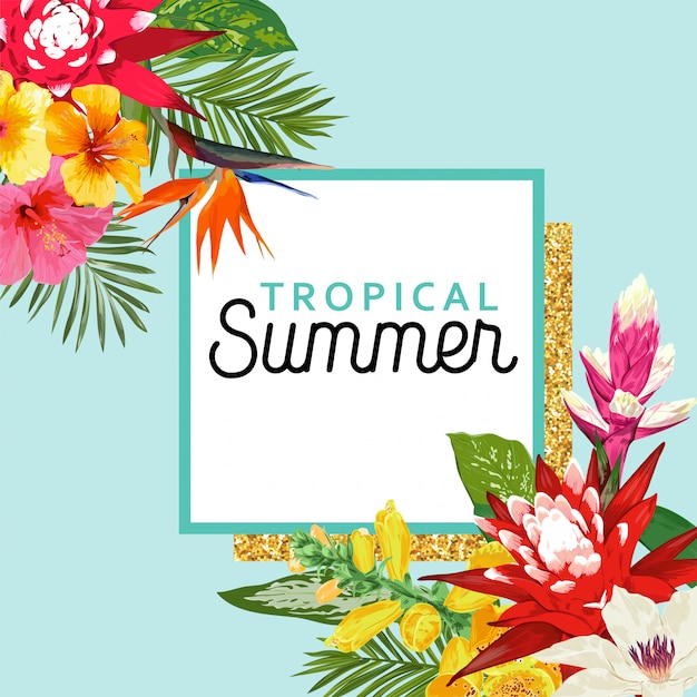 Summertime Floral frame. Tropical Flowers and Palm Leaves Design