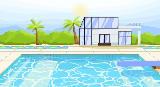 Vector summertime hotel with pool empty poolside with chaise lounges and umbrella exotic resort with blue water in swimming pool landscape on background luxury holidays poster flat vector illustration