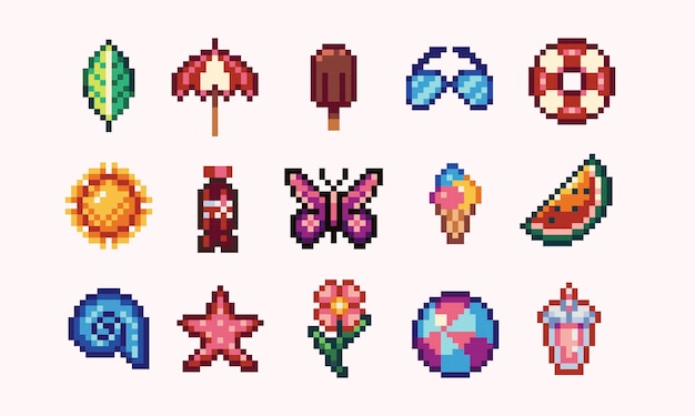 Summertime icons pixel art set Different vacation voyage items collection 8 bit sprite