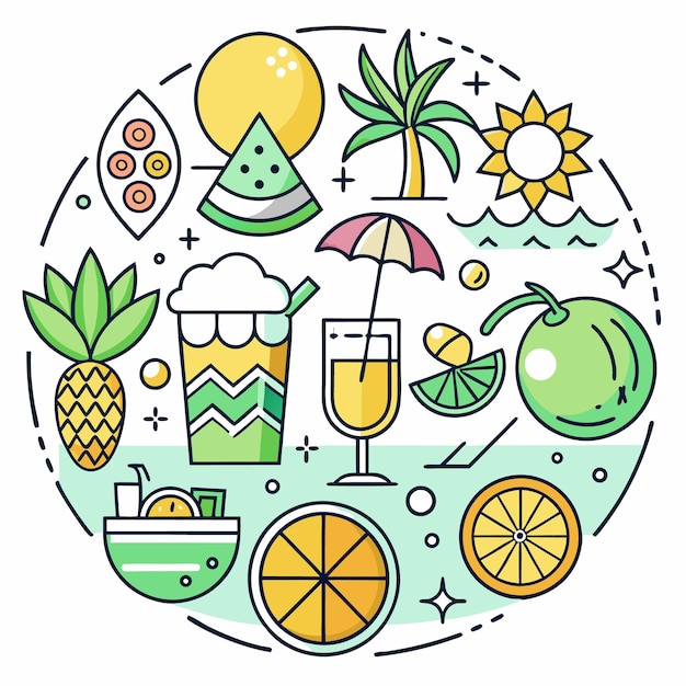 Vector summertime illustration with tropical fruits drinks and beach elements