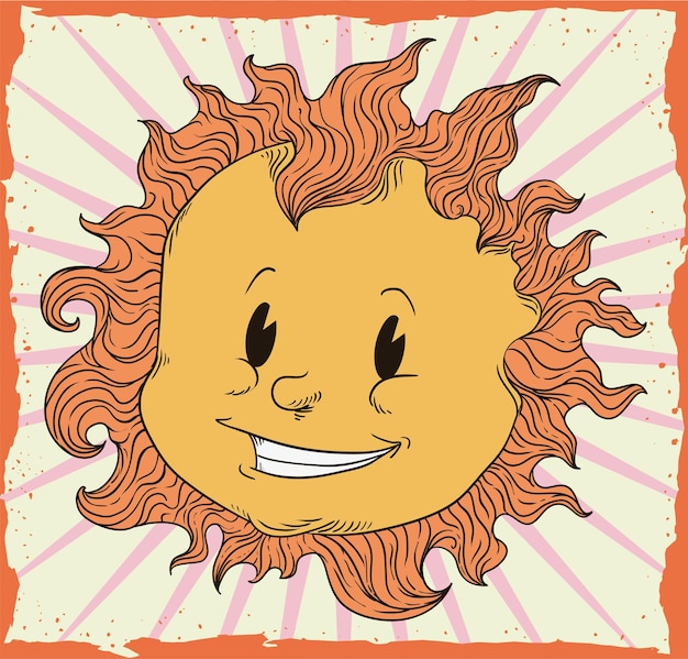 Summertime poster with retro sun character in hand drawn style