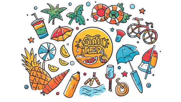 Vector summertime symbols doodle circle composition