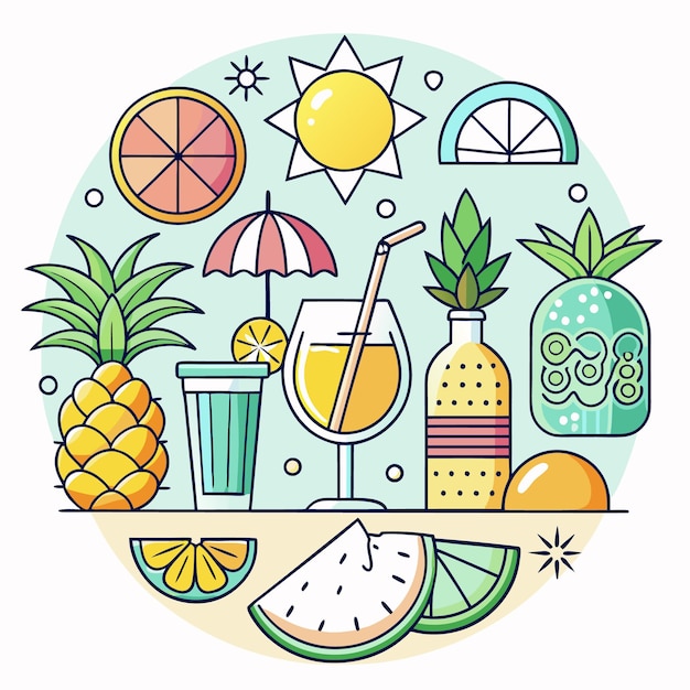 Summertime tropical fruit and drinks icon set