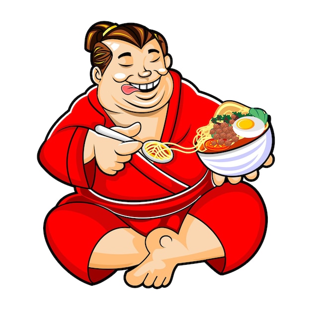 A sumo wrestler eats Ramen happily