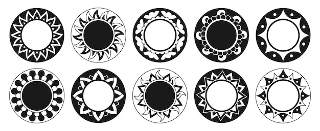 Sun abstract emblem boho set ethnic suns ornamental flat retro sticker vector illustration